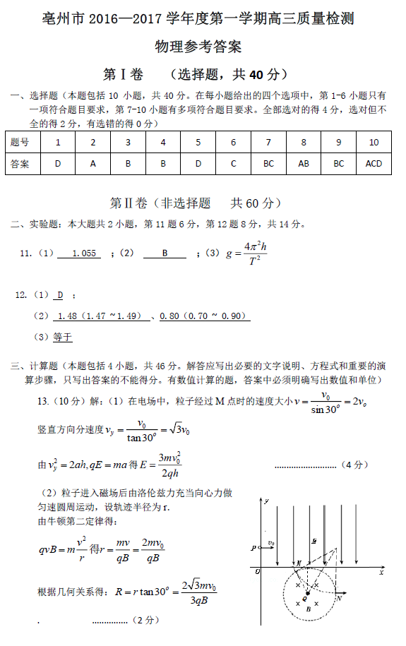 2016至2017学年度第一学期期末|亳州市2016—2017学年度第一学期高三质量检测物理参考答案