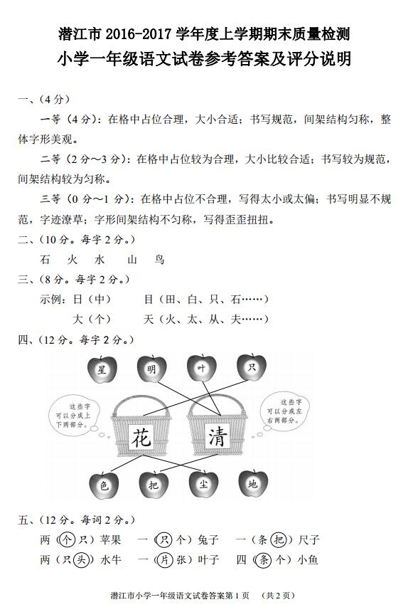 2016~2017学年度下学期|潜江市2016-2017学年度上学期期末质量检测一年级语文试卷答案