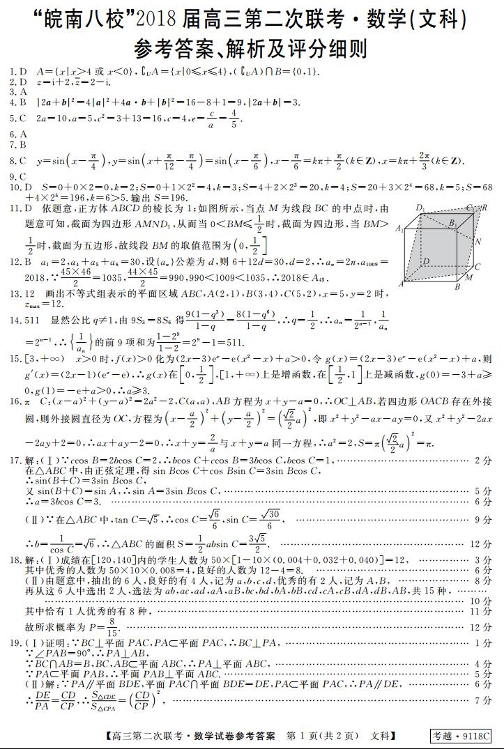 安徽省皖南八校2018届高三联考_皖南八校联考2018届高三第二次联考文科数学试题参考答案