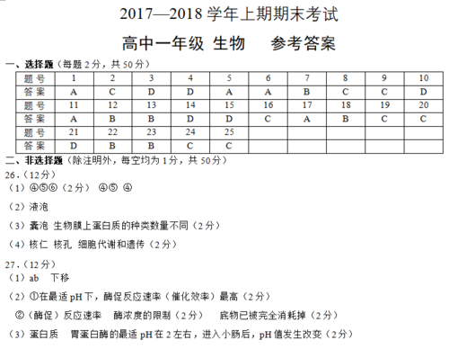[2017—2018学年第二学期]郑州市2017-2018学年上期期末考试高中一年级生物试题参考答案