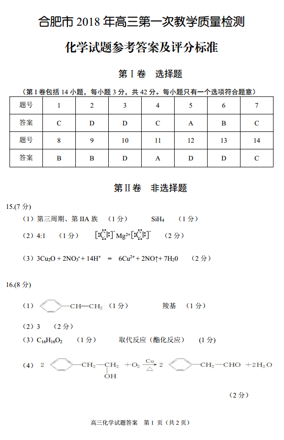 【2018合肥三模】2018年合肥一模化学答案